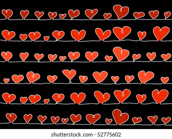 abstract, sketchy vector hearts on a line as background