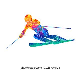 Abstract skiing. Descent giant slalom skier from splash of watercolors. Winter sports. Vector illustration of paints