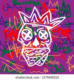 Abstract skull with crown on the background inscriptions hand drawn. Doodle, sketch, scribble. Style vector illustration.