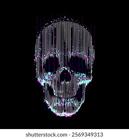 Abstract skull digital art with optical illusion, geometric patterns, and 3D distortions, combining surrealist and futuristic style for a unique and innovative visual experience.