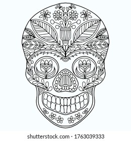 abstract skull with folk style floral ornaments drawn on a white background for coloring, vector