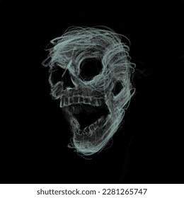 Abstract skull head illustration on black background. Horror illustration, dead head isolated. Grunge creepy skeleton drawing perfect for t-shirt design, poster, background, wallpaper, notebook etc