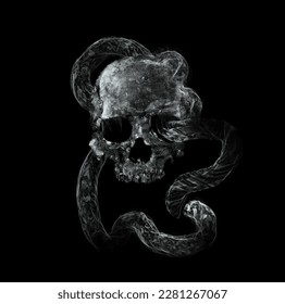 Abstract skull head with sneake on black background. Scary illustration design with skeleton head drawing. Vintage open mouth skull. Spooky illustration perfect for t-shirt print, poster, background