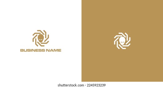 abstraktes Schädellogo mit Hintergrund, weiß und gold