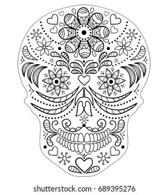 Abstract skull on white background. Coloring page for children and adult. Vector illustration.