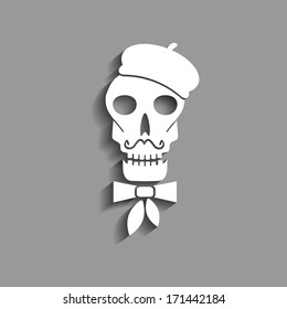 abstract skull paper silhouette with mustache, neckerchief and beret vector icon