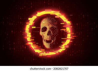 Abstract Skull Shape Binary Code. System Hacking Attack. Online Security And Safety Concept. Glitch Skull Inside Circle Malware Attention Sign. Computer Hacked Error Concept. Vector Illustration.