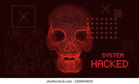 Abstract Skull Shape Binary Code. System Hacking Attack. Online Security and Safety Concept. Glitch 3D Skull Mesh Malware Attention Sign. Computer Hacked Error Concept. Vector Illustration.