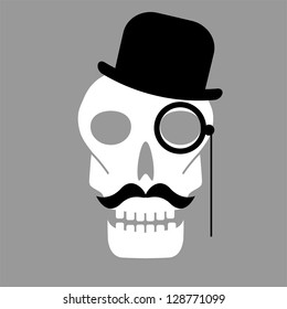 Abstract Skull Silhouette With Mustache Monocle And Bowler Hat On The Grey Background Vector