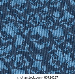 Abstract skulls drawn on textured striped blue jeans denim linen fabric background. Seamless pattern. Vector.