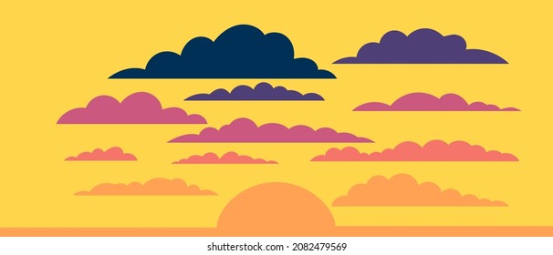 Abstract sky against the background of the rising orange sun and god, pink clouds. Design with flat, cartoon poster, flyers, postcards, web banners. festive mood, airy atmosphere. Vector illustration.