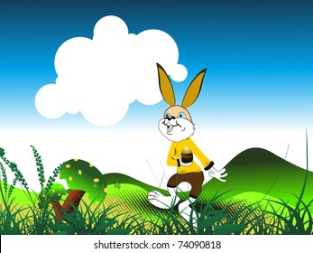 abstract sky background with cute rabbit standing in garden, vector illustration