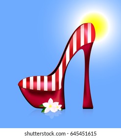 abstract sky background and the red white striped ladys shoe with flower