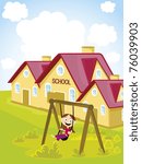 abstract sky background with school, cute little girl is swinging
