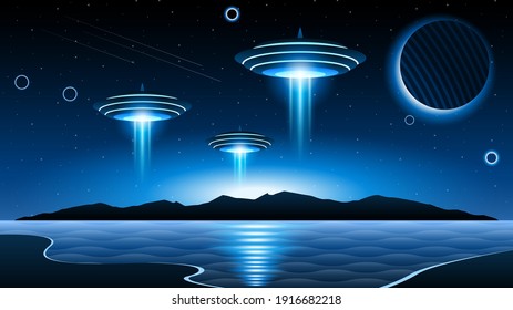 Abstract Sky Background Silhouette With Flying Sauce Ufo NIght Moon Mountains Water Vector Design Style