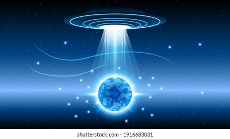 Abstract Sky Background Silhouette With Flying Sauce Ufo NIght Planet Stars Vector Design Style