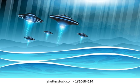 Abstract Sky Background Silhouette With Flying Sauce Ufo NIght Water Wave Mountains Water Vector Design Style