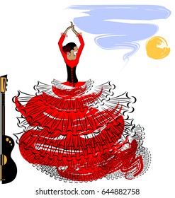 abstract sky background and Spanish dancer in red-black dress