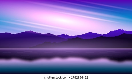 Abstract Sky Background Vector Silhouette With Mountains And Lake Vector Design Style