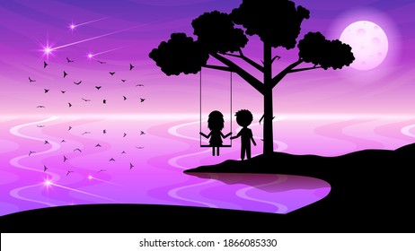 Abstract Sky Background Vector Silhouette With Birds Moon And Lake And People Landscape Design Style