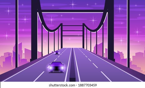 Abstract Sky Background Vector Silhouette With Bridge Cars Stars City Town Landscape Vector Design Style