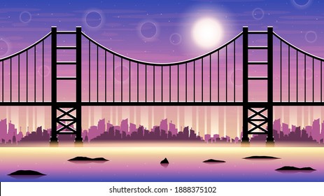 Abstract Sky Background Vector Silhouette With Bridge Water Sun City Town Landscape Vector Design Style