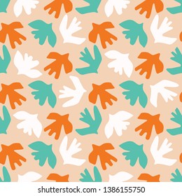 Abstract sky bird cut out shape. Vector pattern seamless background. Hand drawn wings matisse style collage graphic illustration. Trendy home decor, avian fashion prints, coral red, green wallpaper