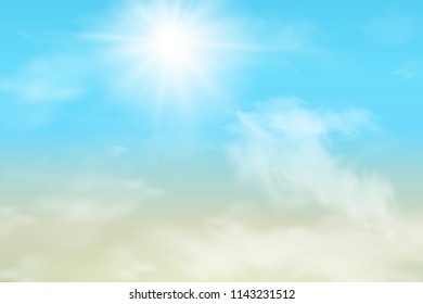 Abstract sky with clouds. Sun and clouds background with a soft pastel color. Fantasy magical landscape background with colorful cloudy sunny sky, fluffy cloud. vector