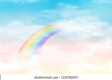 Abstract sky with color clouds. Sun and clouds background with a soft pastel color. Fantasy magical landscape background with colorful cloudy sunny sky, realistic bright rainbow, fluffy cloud. vector.