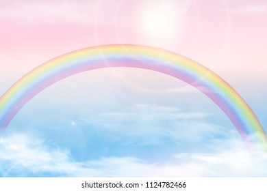 Abstract sky with color clouds. Sun and clouds background with a soft pastel color. Fantasy magical landscape background with colorful cloudy sunny sky, realistic bright rainbow, fluffy cloud. vector.