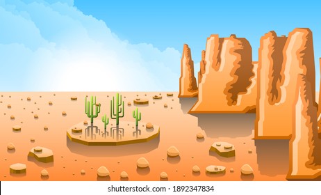 Resumen Fondo Del Desierto Del Cielo Con Nubes De Arena Cactus Y Diseño Del Vector Del Sol Estilo Paisaje Natural