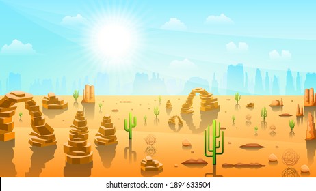 Abstract Sky Desert Background With Sand Mountains Clouds Cactus And Sun Vector Design Style Nature Landscape