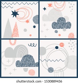 Abstract sky flat vector illustrations set. Clouds and stars doodles simple composition. Cartoon scribble, zigzag, cross and dots geometric shapes backgrounds. Night sky childish drawings pack