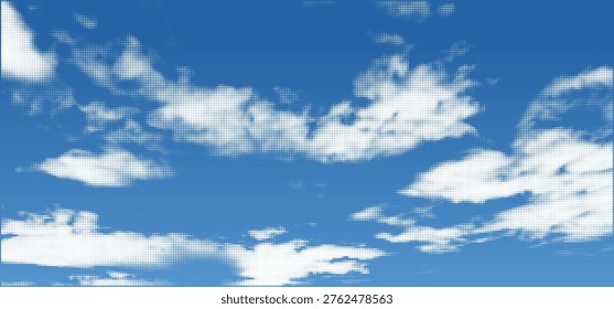 Abstract Sky with Flowing Clouds and Dotted Halftone Texture. Retro Comic Book Style Background Features Blue Gradient Pattern, Vintage Grunge Effects, and Fresh Digital Illustration.
