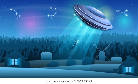 Abstract Sky Forest Background Silhouette With Flying Sauce Ufo Kidnapping Person NIght Vector Design Style