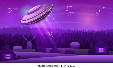 Abstract Sky Forest Background Silhouette With Flying Sauce Ufo Kidnapping Person NIght Vector Design Style