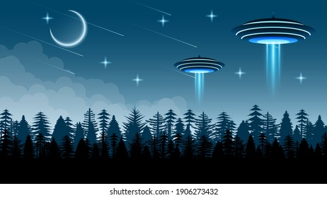 Abstract Sky Forest Background Silhouette With Flying Sauce Ufo NIght Clouds Moon Forest Vector Design Style