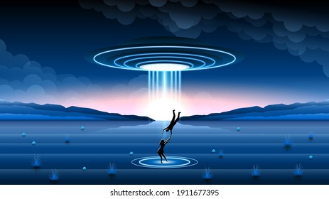 Abstract Sky Forest Background Silhouette With Flying Sauce Ufo NIght Clouds Mountains Kidnaps People Vector Design Style