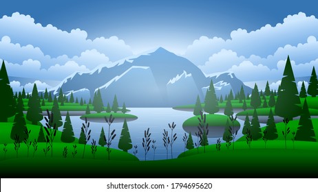 Resumen Fondo De Gradiente Del Cielo Con Montañas Nubes De Río Y Árboles Diseño Vector Estilo Paisaje Natural