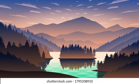 Abstract Sky Gradient Background With 
Mountains Clouds And River And Tree Forest Vector Design Style Nature Landscape