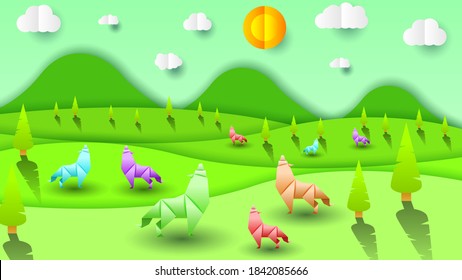 Abstract Sky Gradient Background With Mountains Field Wolves And Trees Vector Design Style Nature Landscape