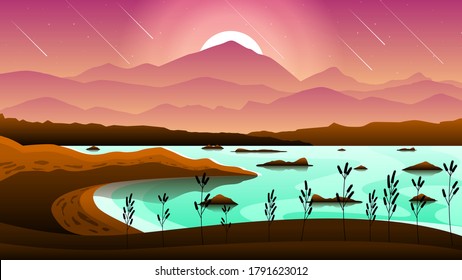 Abstract Sky Gradient Background With Stars Mountains Sun And Lake Vector Design Style Nature Landscape