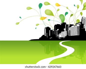 Abstract sky illustration with city scape and green leafs at the back. 
