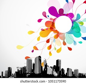 Abstract sky illustration with cityscape. 
