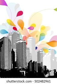 Abstract sky illustration with cityscape. 