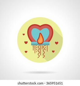 Abstract sky lantern with flame heart shape. Romantic greetings. Valentines day button. Yellow round flat vector icon with long shadow. Element for web design, business, mobile app.