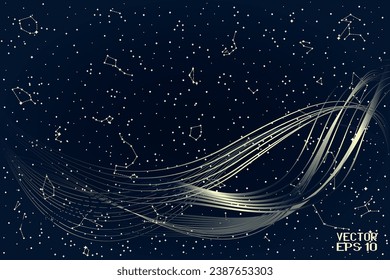 Abstract Sky Map of Hemisphere with Golden Cosmic Waves. Blue and Yellow Constellations Isolated on Starry Night Background. Vector. 3D Illustration