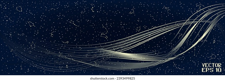 Abstract Sky Map of Hemisphere with Golden Cosmic Waves. Blue and Yellow Constellations Isolated on Starry Night Background. Vector. 3D Illustration