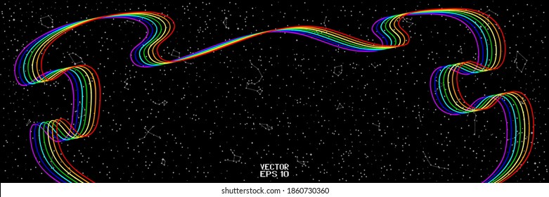 Abstract Sky Map of Hemisphere with Rainbow. Black and White Constellations on a Night Background. Vector Illustration