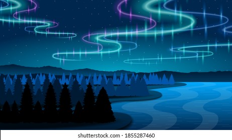 Abstract Sky Northern Lights Glow Gradient Background Vector With Mountains Water And Trees Vector Design Style